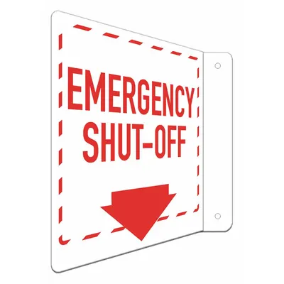 LYLE Rambu Keselamatan: Aluminium, Pemasangan Lubang Pemasangan Rambu, Ukuran Rambu Nominal 8 in x 8 in - L-Shape Projection Emergency Shut-Off (W Down Arrow) Signs