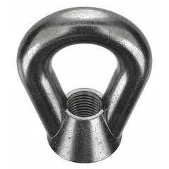 Steel eye nut with black oxide finish, oval shape, 2-1/2 in inside diameter, and 5-1/4 in outside diameter. Used for attaching hooks, shackles, or cables to threaded studs or bolts in rigging and material handling applications.