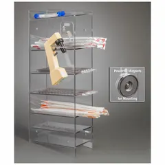 Wall-mounted pipette holder made of clear PETG for visibility of contents. Overall height 24-5/8 in, length 11 in. Accommodates up to six serological pipettes. Suitable for organizing pipettes in laboratory settings.