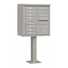 Horizontal multi-unit mailbox with 13 lockable front-access doors. Pedestal mounting for centralized mail distribution in multi-tenant residential or commercial settings. Dimensions: 62 in H x 30 1/2 in W x 18 in D.