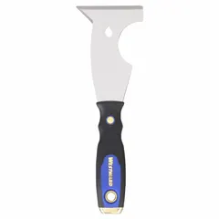 Multi-tool designed for painting and surface preparation tasks. Features a carbon steel blade measuring 4-1/4 inches in length and 3 inches in width, with a rubberized handle for grip. Suitable for scraping paint, opening paint cans, cleaning rollers, and removing putty or caulk.
