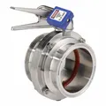 This 3-A certified butterfly valve features a 304 stainless steel body and disc with a 20RA ID/32RA OD surface finish. It has a clamp connection, lever handle with 12 stop positions, and a maximum pressure rating of 145 psi CWP. Suitable for sanitary applications in food, dairy, beverage, and pharmaceutical processing.