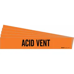 Orange adhesive pipe markers with black 'Acid Vent' legend, designed for pipe outer diameters from 2-1/2 to 7-7/8 inches. Each pack contains 5 markers without directional arrows. Used to identify piping carrying acidic vent gases or liquids in industrial facilities, aiding in hazard recognition and safety compliance.