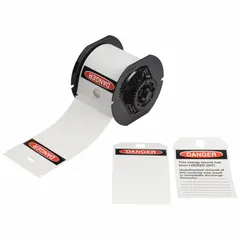 Roll of 100 white polyester danger tags, each 5 3/4 in x 3 1/4 in. Designed for use with the S3700 printer and B30-R10000 ribbon. Suitable for indoor and outdoor safety labeling applications.