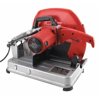 Benchtop cut-off machine with 14-inch blade diameter and 3,900 RPM maximum blade speed. Operates on 120V AC at 15 amps. Suitable for cutting metal, pipe, and structural materials in fabrication and maintenance settings