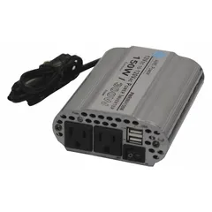 This 150W continuous power inverter converts 12V DC battery power to AC electricity for operating small electronics, tools, and appliances in vehicles, boats, or off-grid setups. It includes cables for direct connection to a 12V battery.