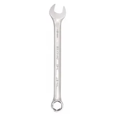 This metric combination wrench features an 18 mm head size with a 6-point box end and an open end. The offset design improves access in confined spaces. Made of alloy steel with a chrome finish, the wrench has an overall length of 9 1/4 in. Suitable for tightening or loosening hex fasteners in automotive, machinery, and industrial applications.