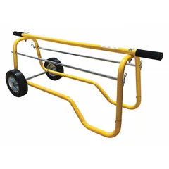 This 2-wheel tilt-style wire-spool dispensing cart is finished in yellow and includes two spindles for holding wire spools. It is mounted on two axle-mounted wheels for mobility. Typical applications include dispensing wire in industrial settings such as welding, manufacturing, and maintenance operations.