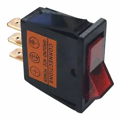 SPST rocker switch with On/Off function, red actuator, and black stem. Features three 1/4 in male terminals for panel-mount installation. Suitable for controlling DC circuits in automotive, marine, and off-road equipment.