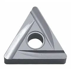 Triangle-shaped indexable turning insert made of cermet, used for finish turning and light machining of steels and stainless steels. Offers wear resistance and thermal stability for precision lathe operations in general engineering applications.