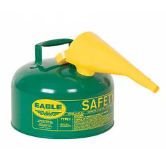 This EAGLE Type I safety can is constructed from powder-coated steel and includes a funnel for controlled pouring. With a 2-gallon capacity, it is designed for the safe handling and storage of oil in industrial environments. The grounded construction helps dissipate static electricity during transfer.