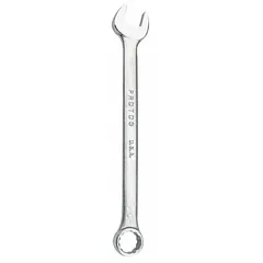 Alloy steel combination wrench with a satin finish. Features a 26 mm 12-point head and offset design for access to recessed fasteners. Overall length of 14 3/4 in. Suitable for tightening and loosening fasteners in mechanical assembly and maintenance tasks.