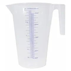 Translucent clear container with lip spout for measuring and transferring oils and non-corrosive liquids. Includes graduation marks. Overall height 8 1/2 in. Suitable for industrial lubrication and fluid handling tasks.