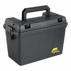 This plastic tool box from PLANO MOLDING measures 15 inches wide, 8 inches deep, and 10 inches high. It features a black finish, a padlock for security, and two compartments for organizing tools and small parts. Suitable for job sites, workshops, and home storage.