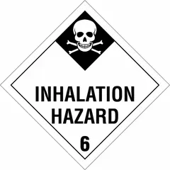 BRADY DOT placard for identifying hazardous materials during transport. Measures 10 3/4 in x 10 3/4 in with a 10 3/4 in label height. Displays 'Inhalation Hazard' message. Complies with Class 6: Toxic, Poison Inhalation & Infectious Substances requirements.