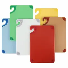 This 12 in x 18 in yellow cutting board is made of co-polymer material and is NSF certified. It is part of a six-color set (blue, brown, green, red, white, yellow) used in commercial kitchens to support color-coded food safety protocols, helping designate boards for different food types to reduce cross-contamination.