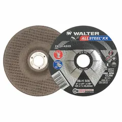 This depressed center grinding wheel, Type 27, is designed for high-performance grinding on carbon and stainless steel. With 24 grit and dimensions of 5" diameter, 1/4" thickness, and 7/8" arbor hole, it is suited for metal fabrication, welding, and maintenance tasks requiring rapid material removal and a smooth finish.