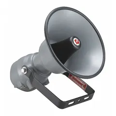 Indoor/outdoor siren alarm for hazardous locations. Gray finish. Operates on 24V DC, with support for 120V AC and 240V AC. Delivers audible warning signals in industrial environments.