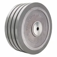 This wheel features a gray polyurethane tread on a steel core with an aluminum hub. The UltraGlide tread shape provides smooth rolling. Typical applications include heavy-duty material handling on smooth surfaces in industrial settings