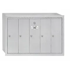 Vertical multi-unit mailbox with 5 lockable front-access doors, designed for recessed mounting. Measures 19 inches high by 29 3/4 inches wide by 7 1/2 inches deep. Suitable for secure mail distribution in multi-tenant residential or commercial buildings.