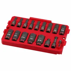 This 17-piece SAE socket set includes 6-point deep sockets in sizes from 1/4 in to 15/16 in with a 3/8 in drive. Designed for use with impact wrenches, it features a friction retention mechanism to secure sockets on the drive tool. Suitable for fastening and loosening hex fasteners in automotive, industrial, and construction applications.