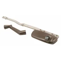 This surface-mount window operator is designed for right-hand casement windows. It includes a crank handle and features a 3-inch base length with an enamel-coated brown finish. Suitable for residential or light commercial applications requiring manual operation of casement windows