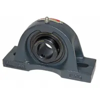 Cast iron pillow block ball bearing with set screw locking for inch-system shafts. Bore 1 in, shaft height 1 3/4 in, mounting bolt size 1/2 in, max temperature 220°F. Used to support rotating shafts in conveyors, fans, and material handling equipment