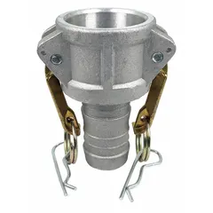 This Type C aluminum cam and groove fitting features a male hose shank design for connecting 1 1/4 in hose ends. It has an overall length of 4 in and includes a nitrile gasket for sealing. Commonly used in fluid transfer applications requiring quick connect/disconnect.