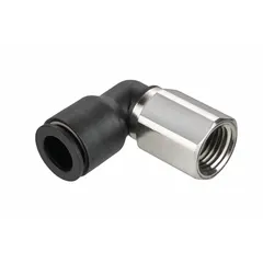 This nylon and nickel-plated brass tube fitting features a push-to-connect elbow design for tool-free installation. It connects 3/8 in OD tubing to a 1/8 in FNPT threaded port, suitable for pneumatic or fluid systems.