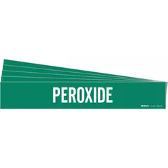 Green adhesive pipe markers with white 'Peroxide' legend, designed for pipes with outside diameter of 8 inches and larger. Each pack contains 5 markers without directional arrows. Used to identify pipes carrying peroxide in industrial facilities.