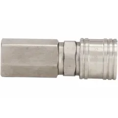 This push-to-connect coupling body features a 1/4"-18 thread size and an integrated valve. It is used for rapidly connecting and disconnecting pneumatic tools and hoses in compressed air systems, enabling tool changes without air loss.