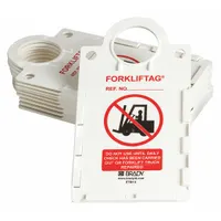 This plastic tag insert holder is designed for use with forklift safety tags. It displays a 'Do Not Remove' message in English and accepts standard tag inserts. Suitable for industrial environments where equipment status tracking is required