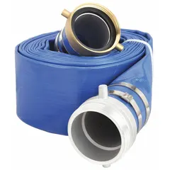 This PVC water discharge hose assembly features synthetic fabric reinforcement for flexibility and strength. With a 4-inch inside diameter and 50-foot length, it is rated for 70 psi and operates in temperatures from 5° to 150°F. The blue hose includes 4-inch by 4-inch fittings, suitable for dewatering, irrigation, and general water transfer in industrial, construction, and agricultural settings.