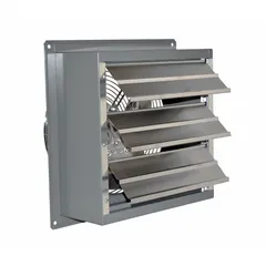 Standard shutter-mount exhaust fan with a 12-inch blade, 1/4 hp totally enclosed air-over motor, single speed, 1,640 cfm airflow, and 115V AC, 1 ph operation. Constructed of galvanized steel and steel with a powder-coated finish. Suitable for general ventilation in industrial and commercial spaces to remove heat, fumes, and moisture.