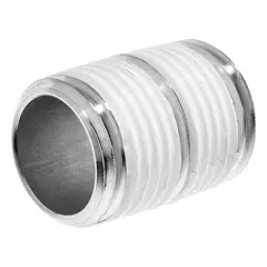 Fully threaded aluminum pipe nipple with Male NPT connections on both ends. Schedule 40 construction rated for 125 psi at 72°F. Used to connect two male threaded pipes or fittings in low-pressure fluid or air systems.