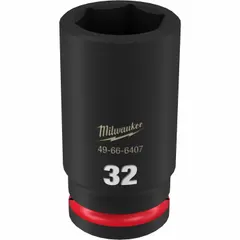 This 3/4" drive impact socket is a 32 mm metric, 6-point deep socket with friction retention. It is finished with a Black Phosphate coating. Designed for use with impact wrenches in heavy-duty fastening applications such as automotive, construction, and industrial maintenance.