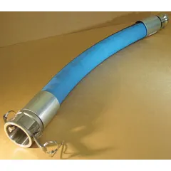 This hose assembly is constructed with white neoprene, an EPDM cover, and polyester tire cord with wire helix reinforcement. It is rated for 250 psi and has 1-inch by 1-inch fitting sizes. Suitable for water suction and discharge in industrial, agricultural, and construction applications.