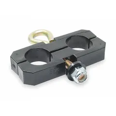 Rubber support clamp with steel eye bolt for securing air brake hose in commercial vehicle systems. Mounts to chassis or frame rails via eye bolt to prevent hose abrasion and maintain proper routing. Black, includes eye bolt.