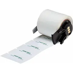 Polyester precut label roll in green/white, offered in 1 1/2 in x 3/4 in and 3/4 in x 1 1/2 in sizes. Features an acrylic adhesive and is halogen-free. Compatible with M710 printer series (with Media Adapter). Used for industrial identification and testing applications requiring halogen-free materials.