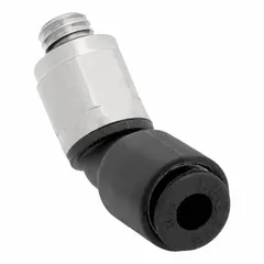 This nylon and nickel-plated brass elbow fitting connects 1/8 in OD tubing to a 3/16 in UNF port via a push-to-connect mechanism. Suitable for pneumatic and fluid systems in industrial automation, packaging, and material handling.