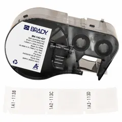 Vinyl, white matte precut label roll cartridge for wire and cable identification. Wraps around 10 AWG to 6 AWG wires. Compatible with BMP51 printer series; requires R6200 ribbon.