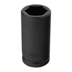 This 3/4" drive impact socket features a 27 mm metric size, 6-point deep configuration, and a black oxide finish. Designed for use with impact tools, it is suited for heavy-duty fastening and loosening of nuts and bolts in automotive, industrial, and construction applications.