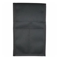 Black nylon tool pouch with open-top design and two pockets for carrying knives. Attaches to belts up to 2.5 inches wide via a belt slot. Suitable for industrial environments where cutting tools need to be accessed quickly.