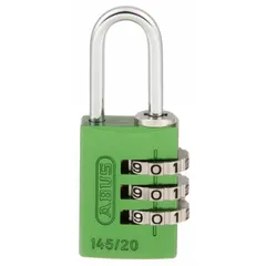 ABUS 145/20 Green TSA Approved Luggage Combination Padlock with silver dial, aluminum body, and steel standard shackle. Designed for securing suitcases and travel bags, its scrolling combo mechanism allows TSA agents to inspect baggage without damaging the lock.