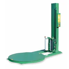 This semi-automatic stretch wrap machine secures palletized loads up to 52 inches in length using stretch film. It processes 20 to 25 loads per hour, requiring operator involvement for film attachment and cut-off. Suitable for packaging and shipping operations in warehouses and distribution centers.