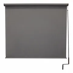 This Regal Series retractable awning from KEYSTONE FABRICS features a gray fabric measuring 8 ft in height and 82 in in width. It is operated by a right-side pole and crank mechanism and provides 90% UV protection. The awning uses a bungee and hook tie-down system for secure installation. Suitable for outdoor shading applications such as patios, decks, and storefronts.