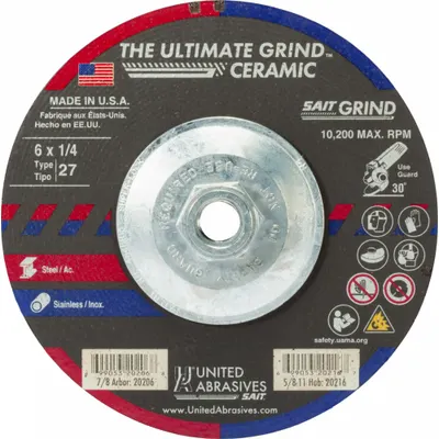 UNITED ABRASIVES-SAIT Roda Gerinda Abrasif: Tipe 27, 6" x 1/4" x 5/8"-11, Keramik, Grit 24 - Cool-Cutting Grinding Wheels for Carbon & Stainless Steel