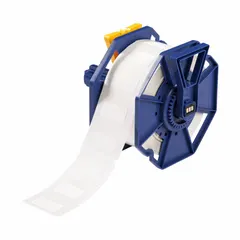Acrylic permanent adhesive label roll with inkjet print-receptive material. Contains 800 precut labels measuring 1 in x 2 in. Compatible with Brady J7300 printer series. Used for industrial identification, asset tagging, cable marking, and component labeling.
