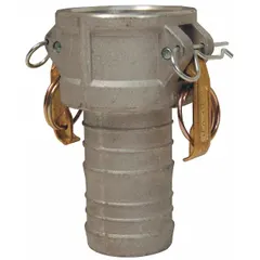 This Type C cam and groove fitting features a male hose shank end for connecting to 1-1/4 in hose. The aluminum construction is lightweight and corrosion-resistant, with a nitrile gasket for sealing. It is used for quick-connect hose connections in fluid transfer applications. Overall length is 4-1/32 in.