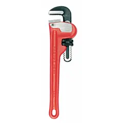 This 24-inch straight pipe wrench features serrated jaws and an I-Beam handle for gripping and turning pipes and fittings. With a 4-inch jaw capacity, it is suited for plumbing and mechanical tasks requiring high torque.